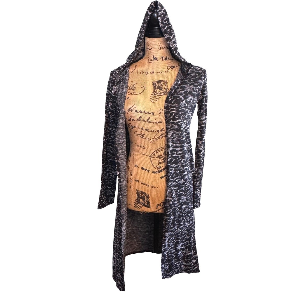 Love Womens Outerwear Knit Leopard Longline Hooded Duster Cardigan Black‎ Medium